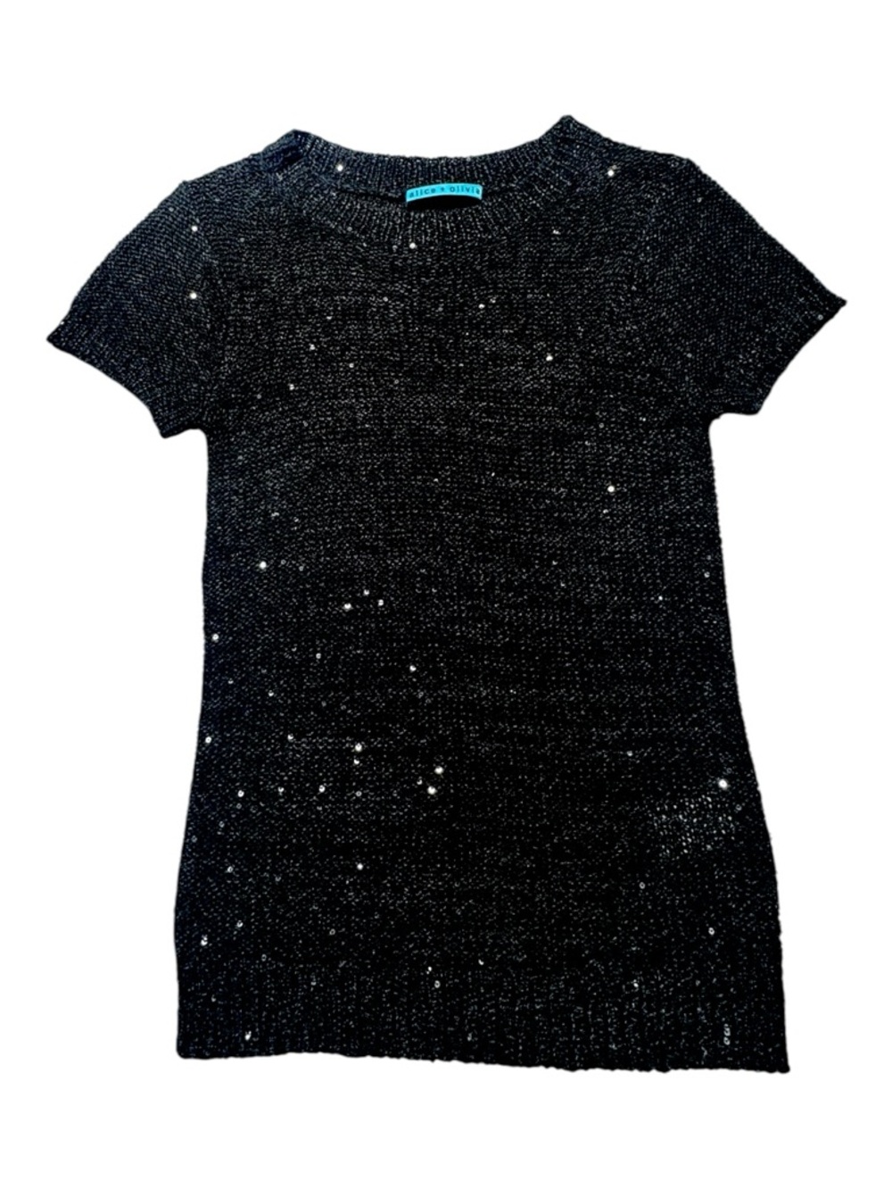 Alice + Olivia Black Sequin Knit Top Womens XS ? Designer Cap Sleeve Classic